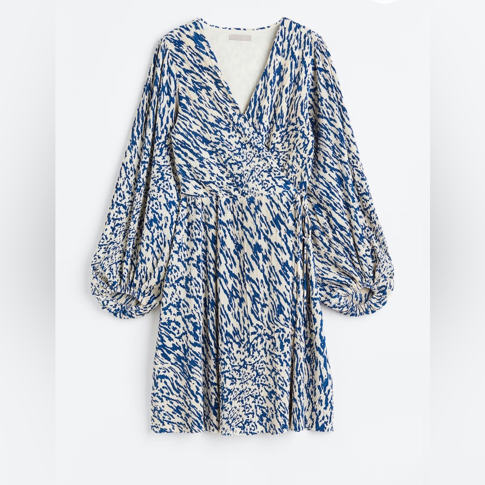 H&M Blue and White Wrap Mini Dress with Bishop Sleeves